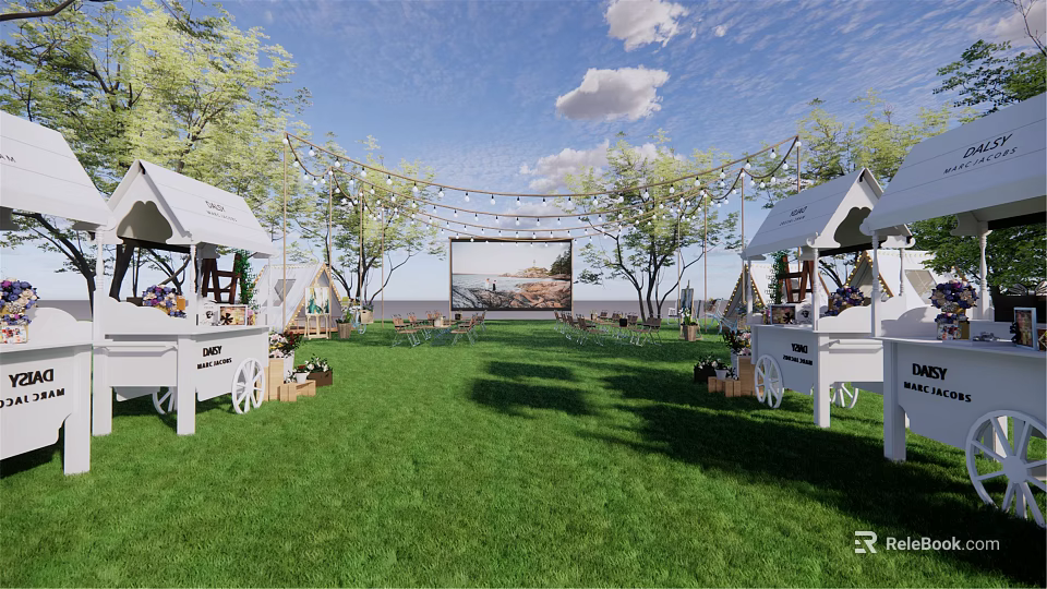 Outdoor Garden Landscape With Green Lawn White Stalls Trees Large Screen And String Lights 3d model 