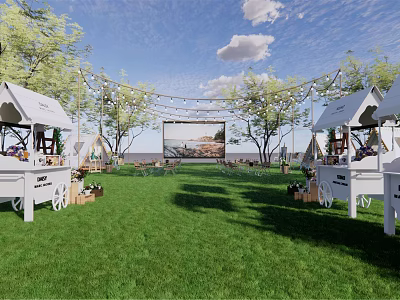 Outdoor Garden Landscape With Green Lawn White Stalls Trees Large Screen And String Lights 3d model