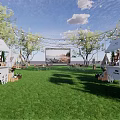 Outdoor Garden Landscape With Green Lawn White Stalls Trees Large Screen And String Lights