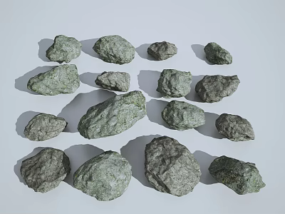 Natural Gray Green Stones With Various Sizes Shapes And Textured Surfaces On White Background 3d model