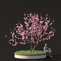 Decorative Pink Flower Tree With Serene Seated Statue On Green Grass