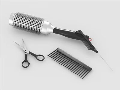 Essential Hair Styling Tools Perforated Curling Brush Scissors and Black Comb 3d model