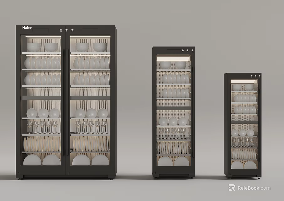 Haier Disinfecting Cabinets Three Different Sizes Filled With Tableware Bowls Plates 3d model 
