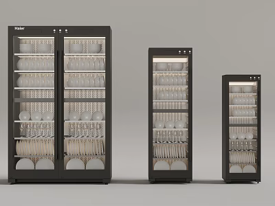 Haier Disinfecting Cabinets Three Different Sizes Filled With Tableware Bowls Plates 3d model
