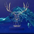 Golden Geometric Deer Head Sculpture with Music and Blue Fluid Background
