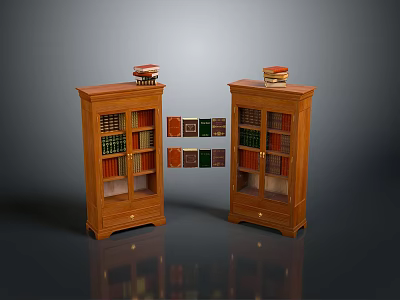 Wooden Bookcases With Multiple Shelves Books Decorative Items On Top And Small Picture Frames 3d model