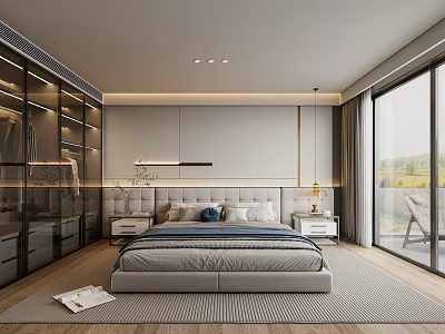 Modern Bedroom Interior With Large Bed Nightstands Glass Wardrobe And Floor To Ceiling Windows 3d model