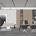 Modern Office Interior Design With Sofa Desk Chairs Bookshelves Artwork And Plant