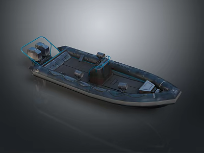 Gray Inflatable Boat With Blue Frame And Seats On Deck Surface 3d model
