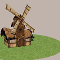 Traditional Windmill With Thatched Roof Wooden House On Green Grass
