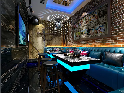 Modern Stylish KTV Interior Design With Blue Sofas Brick Walls Blue Lighting And Decorative Paintings 3d model
