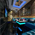 Modern Stylish KTV Interior Design With Blue Sofas Brick Walls Blue Lighting And Decorative Paintings