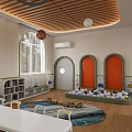 Bright Kindergarten Classroom Interior With Ball Pit And Cartoon Wall Art