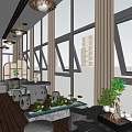 Serene Hotel Public Lounge Area With Large Windows Green Plants Wooden Flooring And Stone Tables