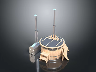 Rural Landscape With Circular Solar Panel Structure Tall Poles And Wooden Parts 3d model