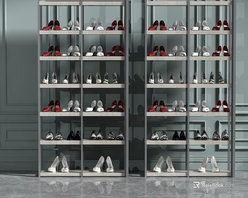 Modern Shoe Cabinet With Multiple Shelves Organized Various Shoes Different Colors 3d model 