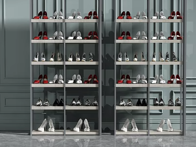 Modern Shoe Cabinet With Multiple Shelves Organized Various Shoes Different Colors 3d model