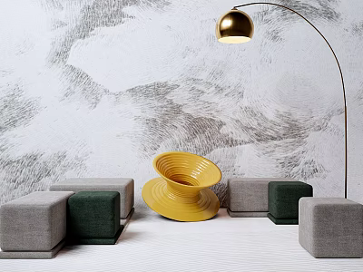 Stylish Gray And Green Sofa Stools With Gold Floor Lamp And Textured Wall 3d model