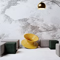 Stylish Gray And Green Sofa Stools With Gold Floor Lamp And Textured Wall