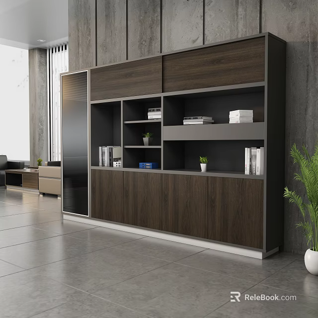 Modern Wooden File Cabinet With Glass Door Storage Shelves Books Plants Office Interior 3d model 