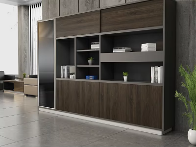 Modern Wooden File Cabinet With Glass Door Storage Shelves Books Plants Office Interior 3d model