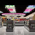 Modern Specialty Store Interior Featuring Central Display Counter Organized Shelves And Unique Lighting Design
