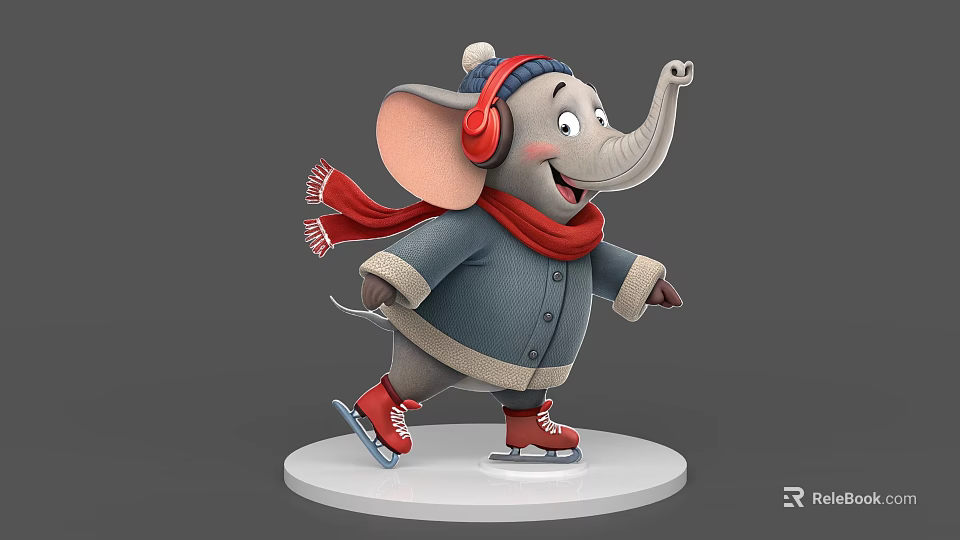 Game and Movie Character Elephant in Blue Coat Red Scarf and Red Headphones Ice Skating 3d model 