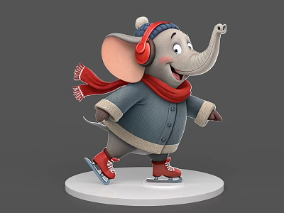 Game and Movie Character Elephant in Blue Coat Red Scarf and Red Headphones Ice Skating 3d model