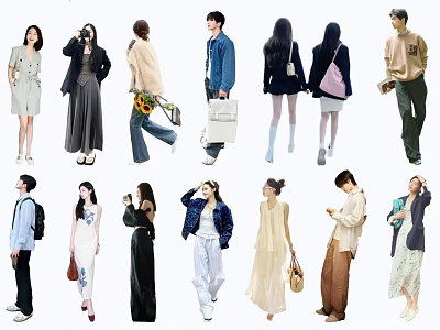 Group of People Wearing Various Fashion Outfits and Posing with Accessories 3d model