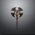 Ornate Double Headed Axe Weapon With Metallic Blades Red Accents And Intricate Handle Design