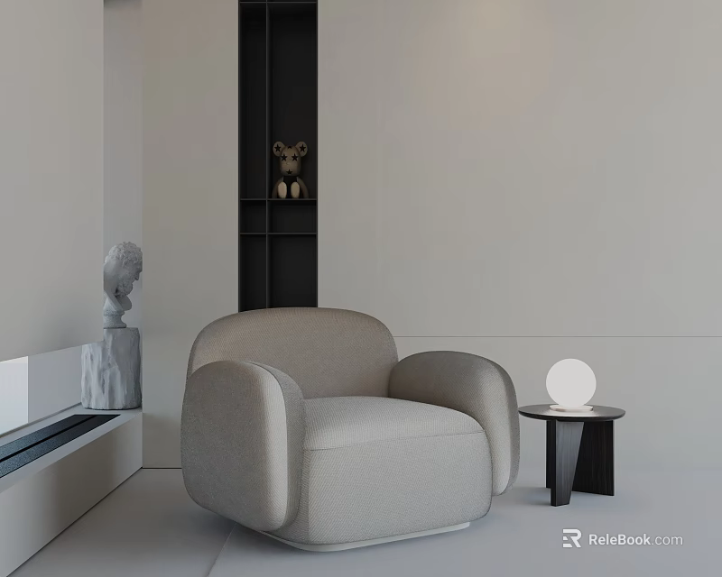 Cozy Light Gray Leisure Chair in Minimalist Room with Round Side Table and Black Shelf Decor 3d model 