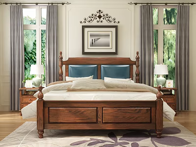 Wooden Double Bed with Blue Cushions Nightstands Table Lamps Decorative Painting and Area Rug 3d model