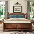 Wooden Double Bed with Blue Cushions Nightstands Table Lamps Decorative Painting and Area Rug