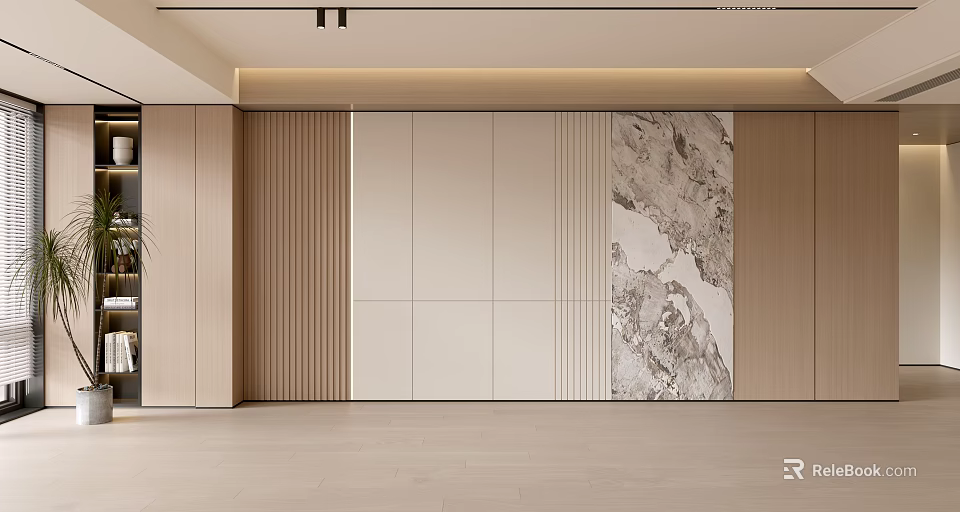 Modern Feature Wall Design with Vertical Wooden Slats Beige Panels and Marble Accent 3d model 