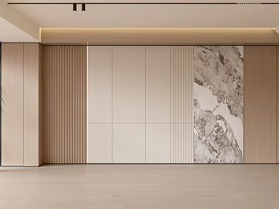 Modern Feature Wall Design with Vertical Wooden Slats Beige Panels and Marble Accent 3d model