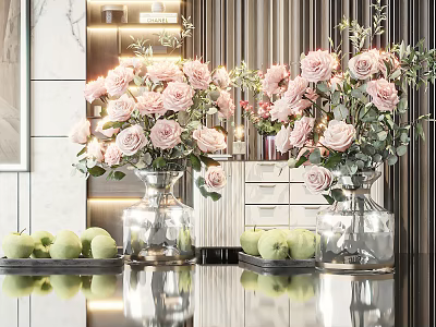 Pink Roses In Transparent Glass Vases With Green Apples On Modern Interior Table 3d model