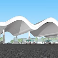 Modern Wave Shaped Roof Architectural Structure With Vehicle Lanes And Trees