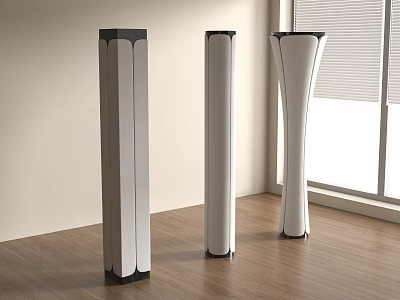 Three Modern Columns In Indoor Space With Wooden Floor And Window Blinds 3d model