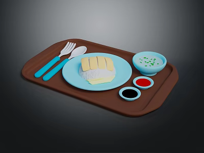Stacked Crepe On Blue Plate With Brown Tray Green Red Black Sauces And Fork Spoon 3d model