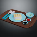 Stacked Crepe On Blue Plate With Brown Tray Green Red Black Sauces And Fork Spoon