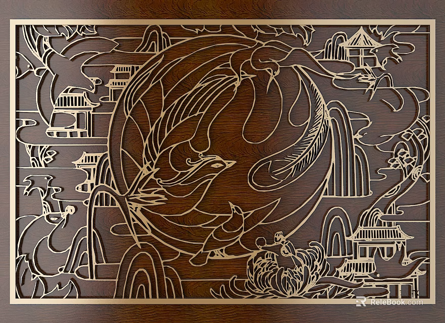 Detailed Intricate Wooden Carving Artwork Featuring Dragon Phoenix Ancient Architecture And Landscape 3d model 