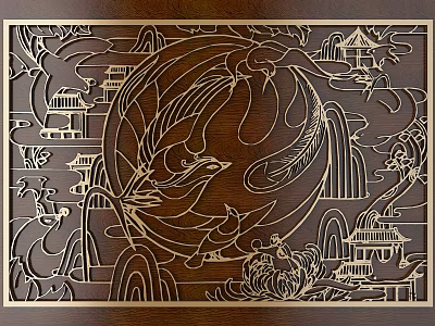 Detailed Intricate Wooden Carving Artwork Featuring Dragon Phoenix Ancient Architecture And Landscape 3d model