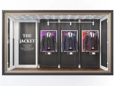 Clothing Store Window Display With Three Suits On Mannequins Dark Background And THE JACKET Sign 3d model