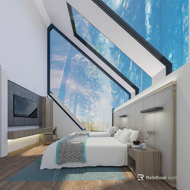 Modern Hotel Room Interior Featuring Large Windows Skylights and Natural Forest View 3d model 