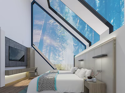 Modern Hotel Room Interior Featuring Large Windows Skylights and Natural Forest View 3d model