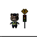Cartoon Cat in Police Uniform Standing by Traffic Light with Yellow Exclamation Sign