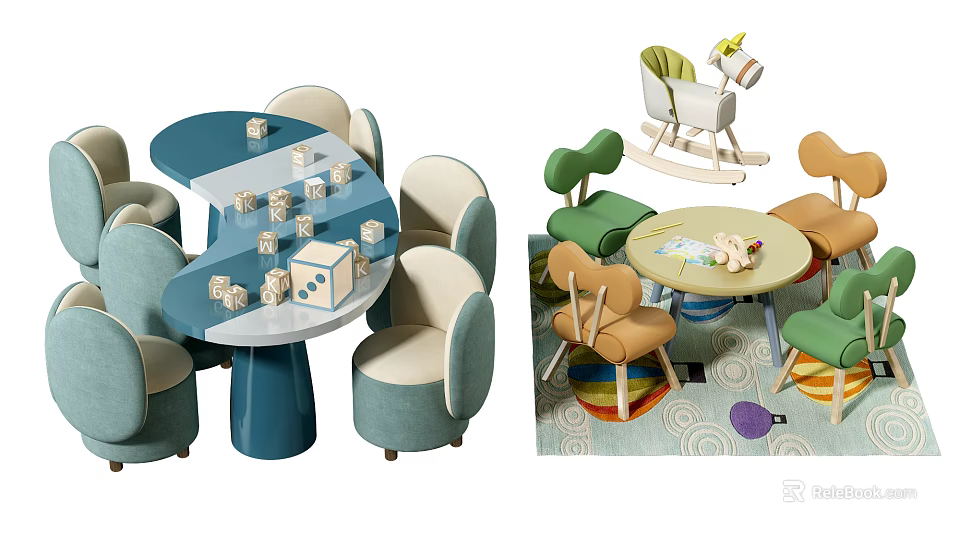 Children's Table with Colorful Chairs Toys and Rocking Horse in Play Area 3d model 