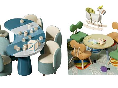 Children's Table with Colorful Chairs Toys and Rocking Horse in Play Area 3d model