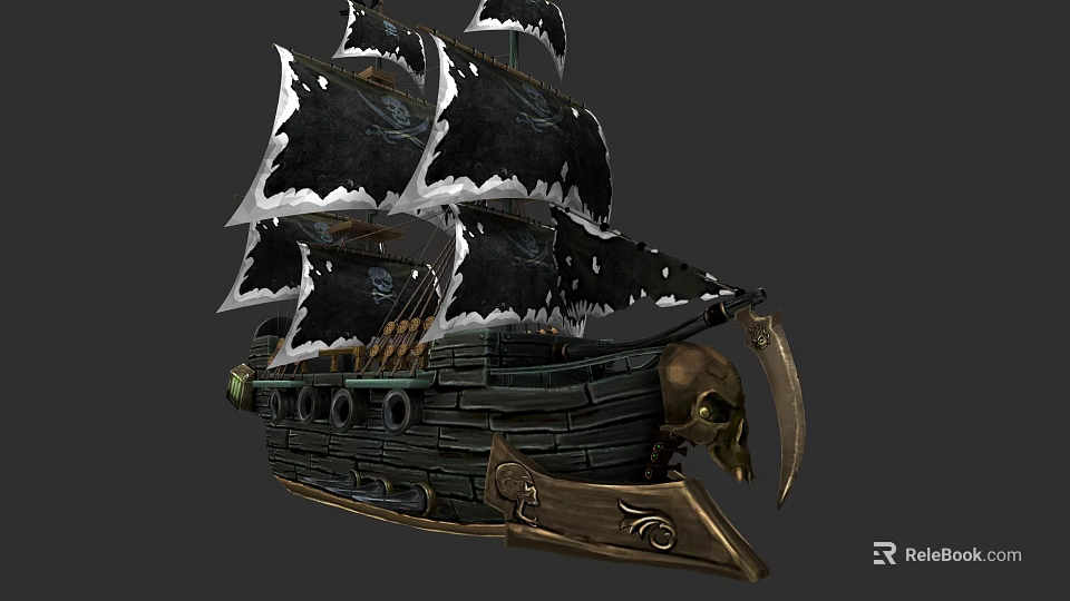 Pirate Sailing Ship with Tattered Black Sails and Skull Decoration on Bow Wooden Hull Design 3d model 