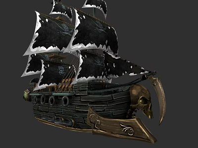 Pirate Sailing Ship with Tattered Black Sails and Skull Decoration on Bow Wooden Hull Design 3d model